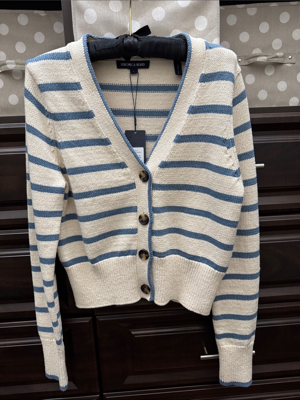 Veronica Beard Cream and Blue Striped V-Neck Button Cardigan